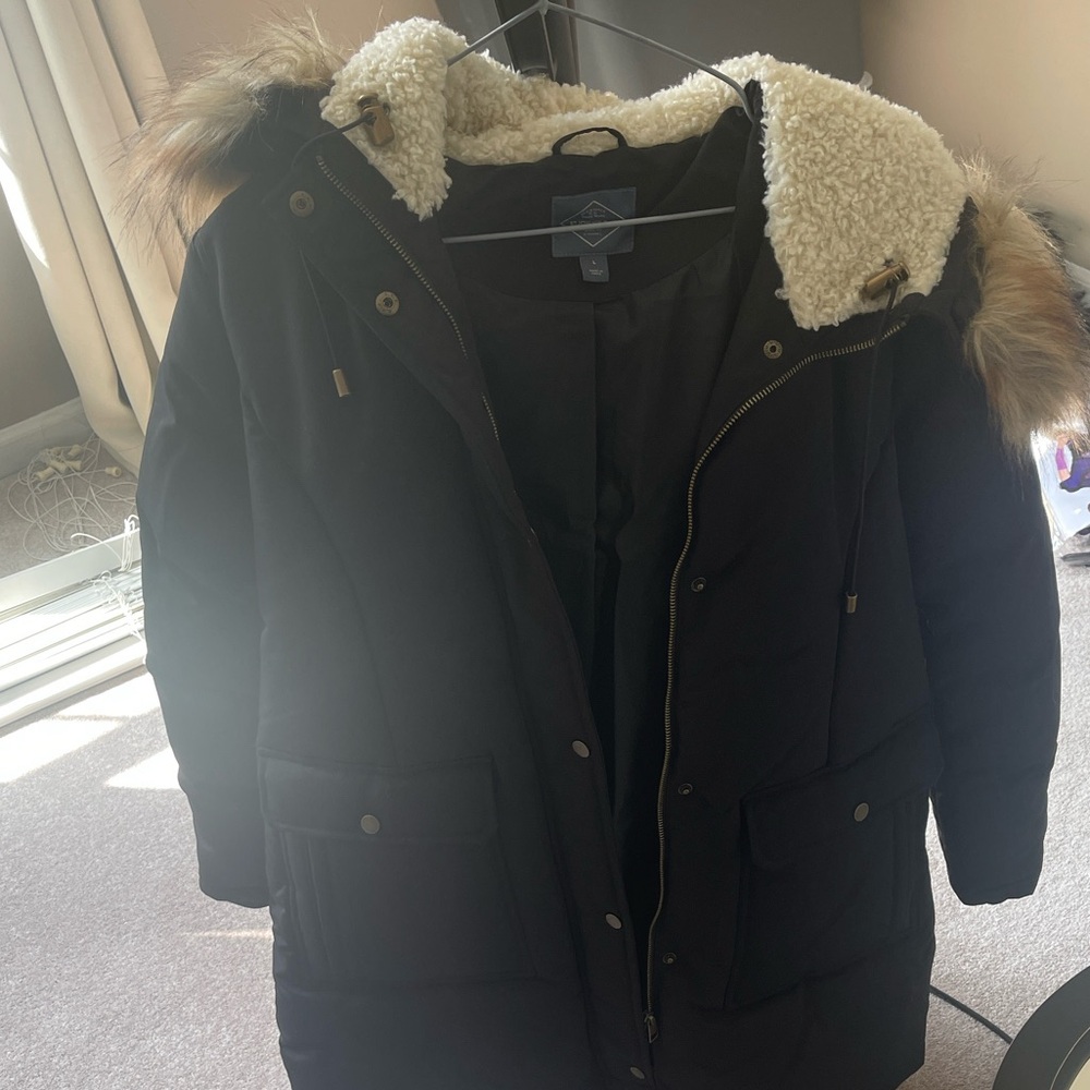 Women's Black Parka Coat with Faux Fur Hood